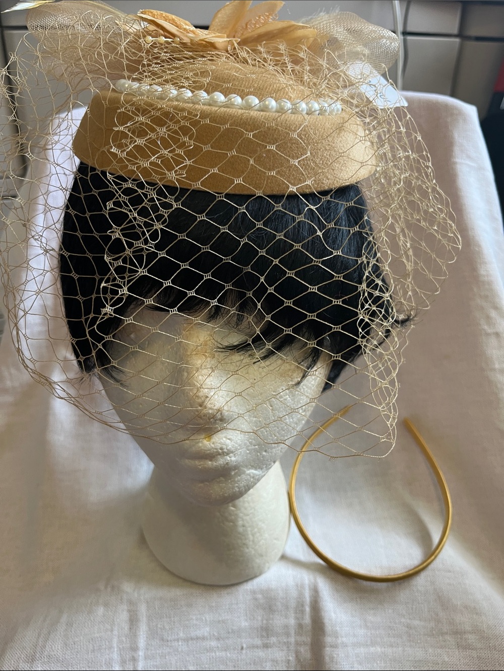 Gold Cream Pearl Trim Fascinator Hat with Veil
